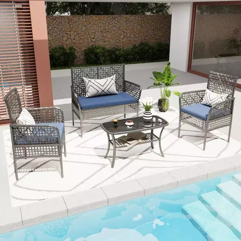 Ensemble de canapé d'extérieur Whisen Patio 4 pièces, salon de conversation de jardin en osier 4 personnes avec table en verre trempé et coussins moelleux