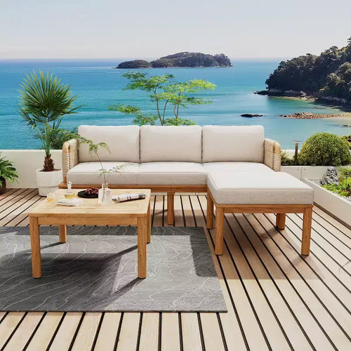 Ensemble de Canapé d'Extérieur 3/4/5 Pièces, Salon de Jardin Extérieur avec Table Basse et Coussins, Cadre Résistant aux Intempéries, Teck+Beige-ModernLuxe