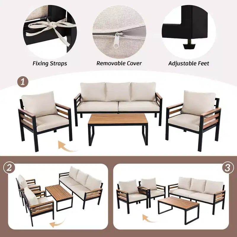 Ensemble de salon de jardin GDFStudio Carter moderne en métal et bois d'acacia 4 pièces avec canapé, table basse et coussins