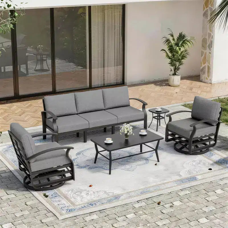 ALAULM Ensemble de mobilier de patio en aluminium 5 places avec canapé, salon de jardin avec 5 chaises pivotantes et table basse en métal