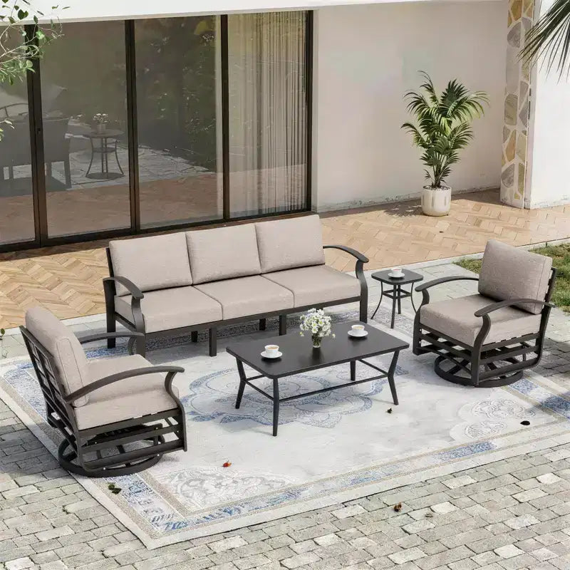 ALAULM Ensemble de mobilier de patio en aluminium 5 places avec canapé, salon de jardin avec 5 chaises pivotantes et table basse en métal