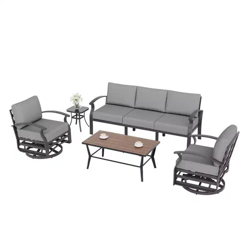 ALAULM 5-Seat Aluminum Patio Furniture Sofa Set, Outdoor Furniture Set w/5Swivel Rocking Chair&DPC Metal Coffee Table, Outdoor Conversation Set