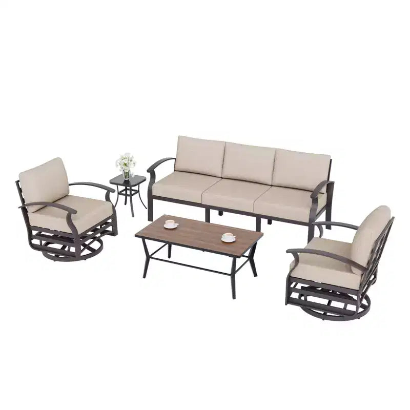 Ensemble de canapé de jardin en aluminium 5 places ALAULM, ensemble de mobilier d'extérieur avec 5 chaises pivotantes et table basse en métal DPC, ensemble de conversation d'extérieur
