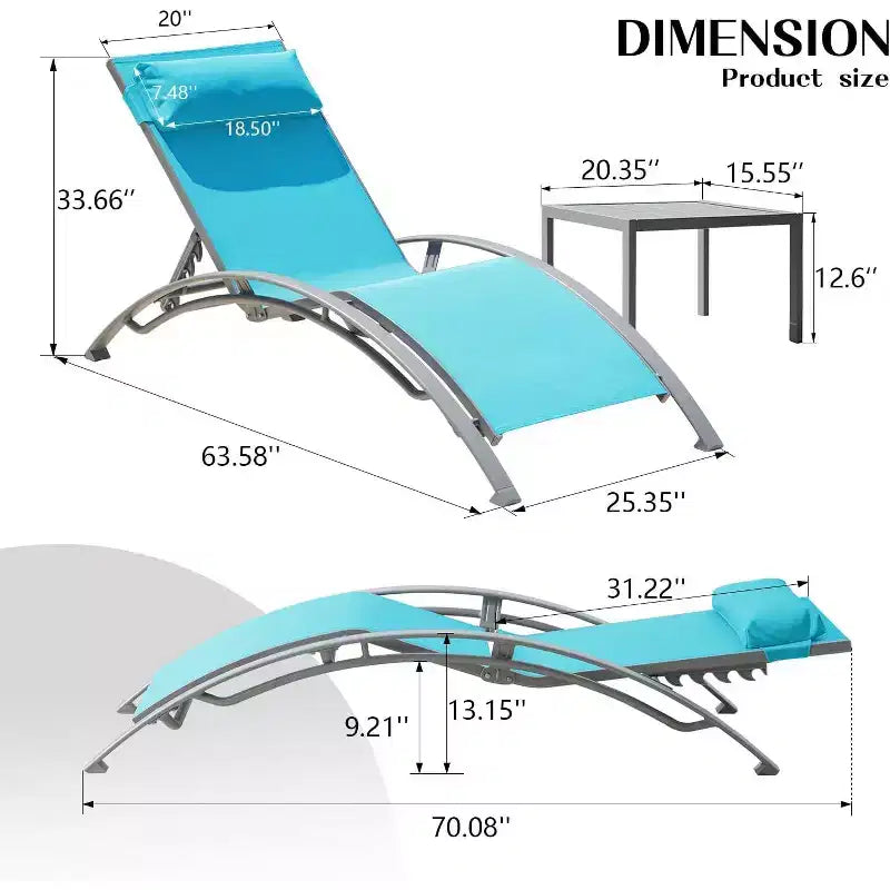 GDFStudio SunCurve Ensemble de 3 chaises longues empilables en métal et textilène pour l'extérieur
