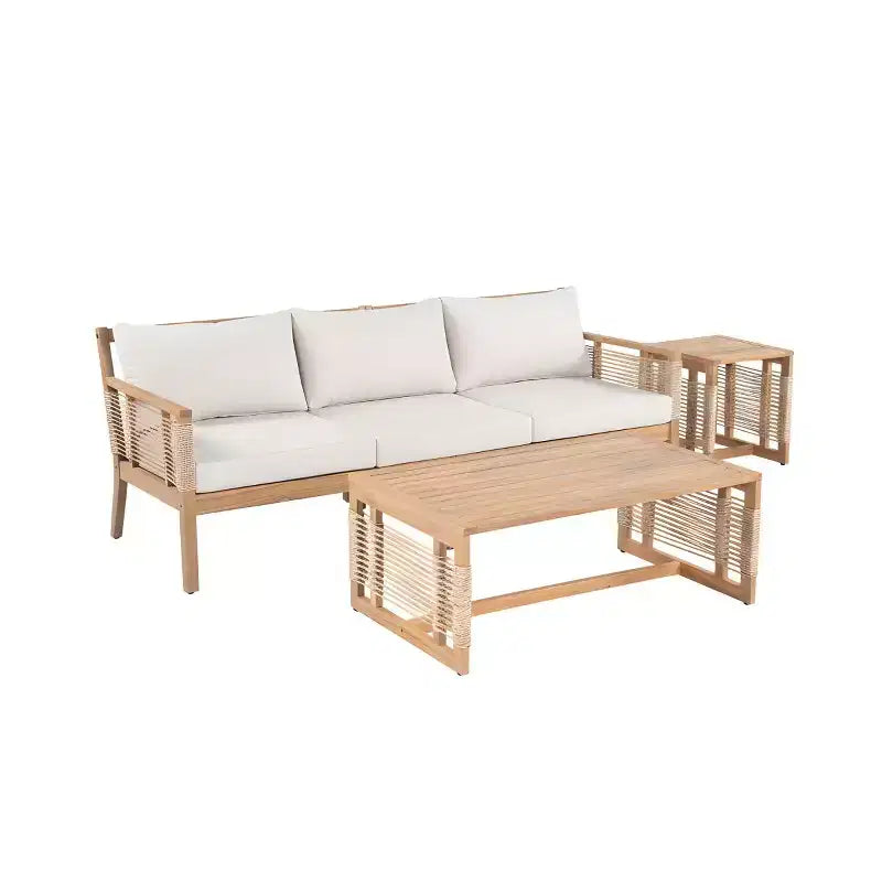 Ensemble de canapé 3 places en bois d'acacia pour patio extérieur avec 2 tables basses, design en corde tressée à la main, coussins résistants à l'eau pour jardin-Panipeachy