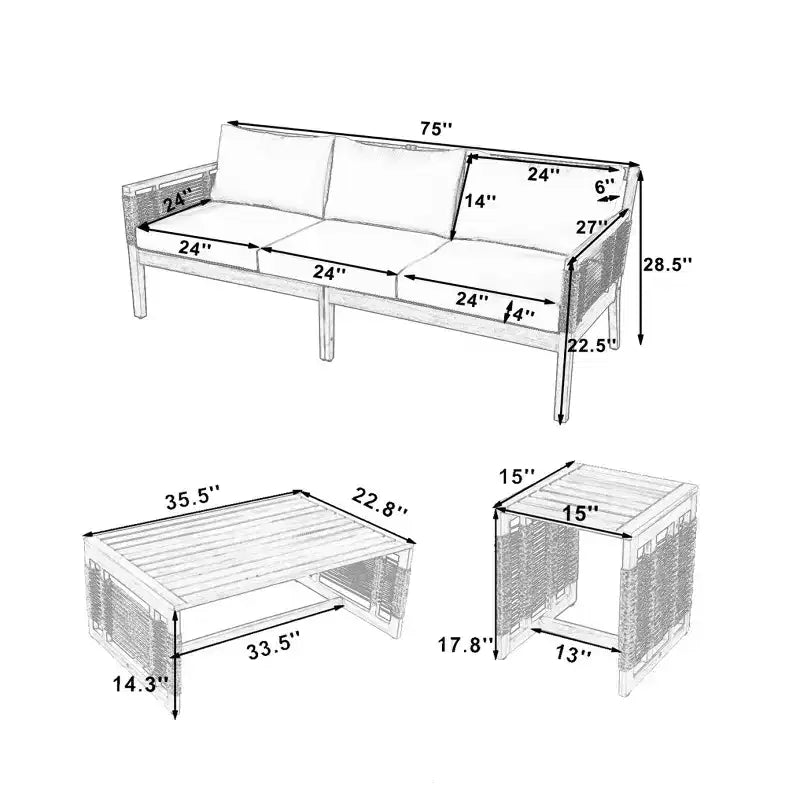 Ensemble de canapé 3 places en bois d'acacia pour patio extérieur avec 2 tables basses, design en corde tressée à la main, coussins résistants à l'eau pour jardin-Panipeachy