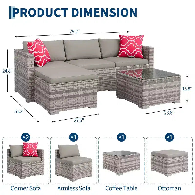 Ensemble de mobilier de patio 5 pièces COZONY, canapé sectionnel en rotin osier résistant aux intempéries avec coussins et table basse en verre pour jardin, véranda, balcon