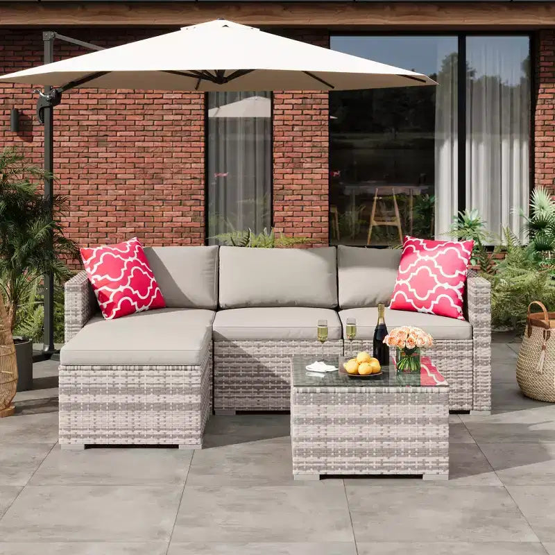 Ensemble de mobilier de patio 5 pièces COZONY, canapé sectionnel en rotin osier résistant aux intempéries avec coussins et table basse en verre pour jardin, véranda, balcon