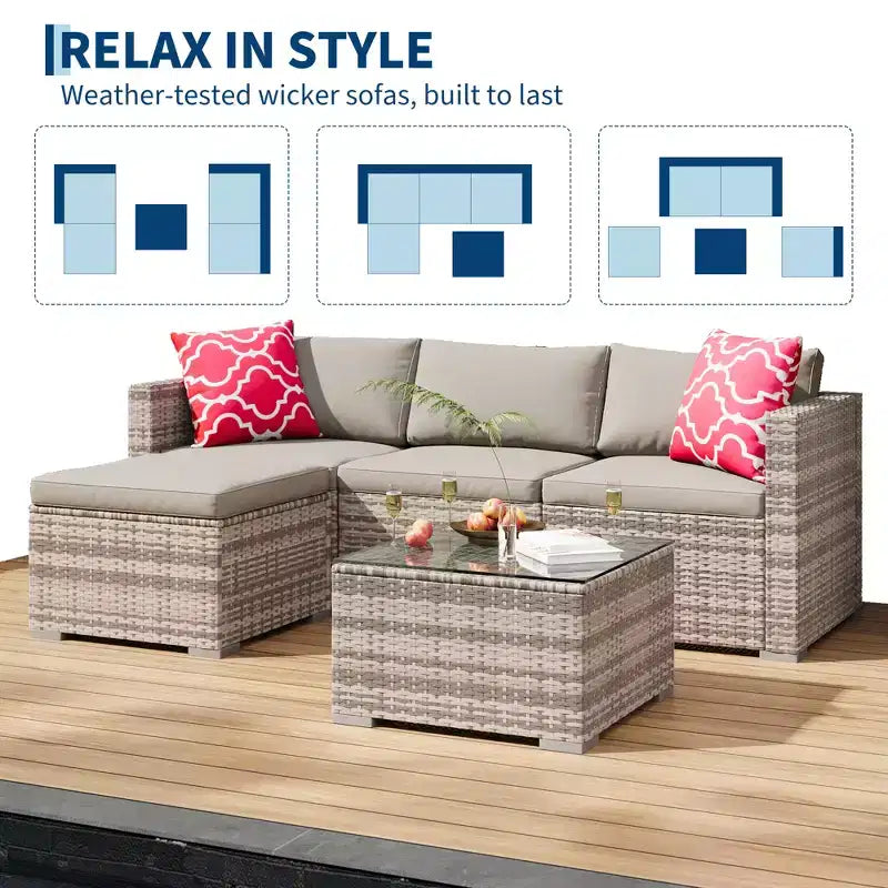 Ensemble de mobilier de patio 5 pièces COZONY, canapé sectionnel en rotin osier résistant aux intempéries avec coussins et table basse en verre pour jardin, véranda, balcon