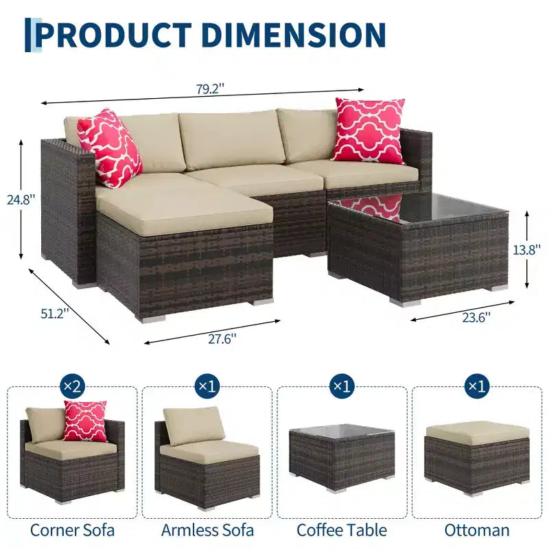 Ensemble de mobilier de patio 5 pièces COZONY, canapé sectionnel en rotin osier résistant aux intempéries avec coussins et table basse en verre pour jardin, véranda, balcon