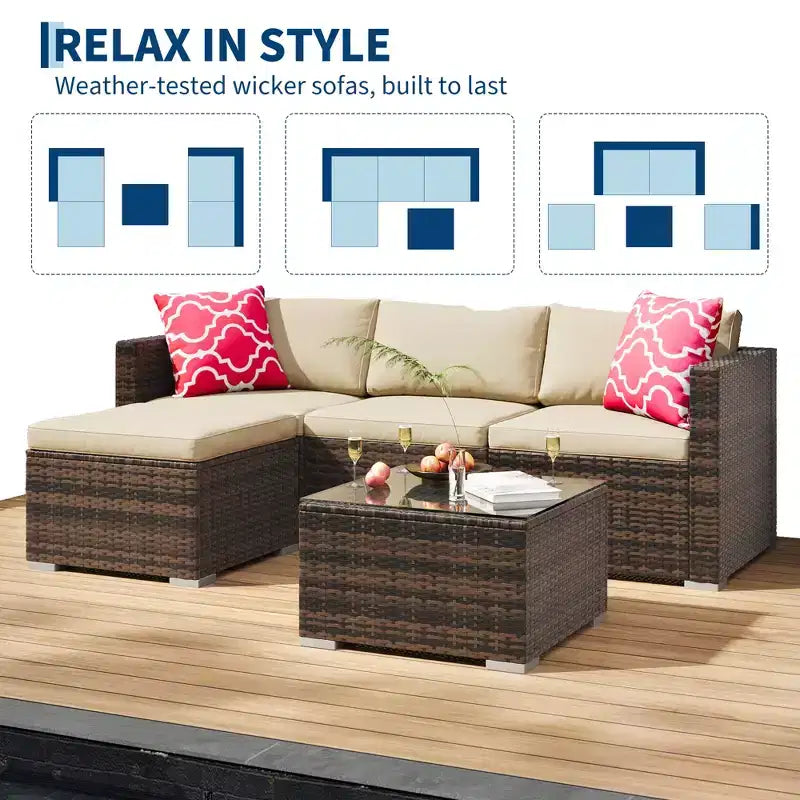 Ensemble de mobilier de patio 5 pièces COZONY, canapé sectionnel en rotin osier résistant aux intempéries avec coussins et table basse en verre pour jardin, véranda, balcon