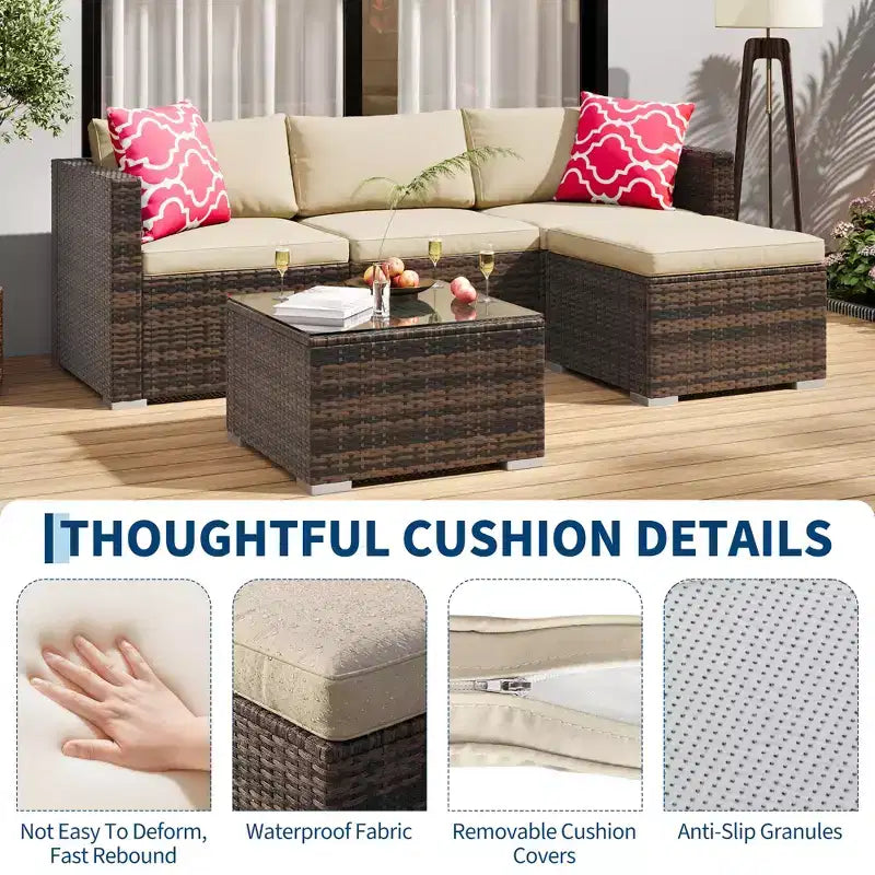 Ensemble de mobilier de patio 5 pièces COZONY, canapé sectionnel en rotin osier résistant aux intempéries avec coussins et table basse en verre pour jardin, véranda, balcon