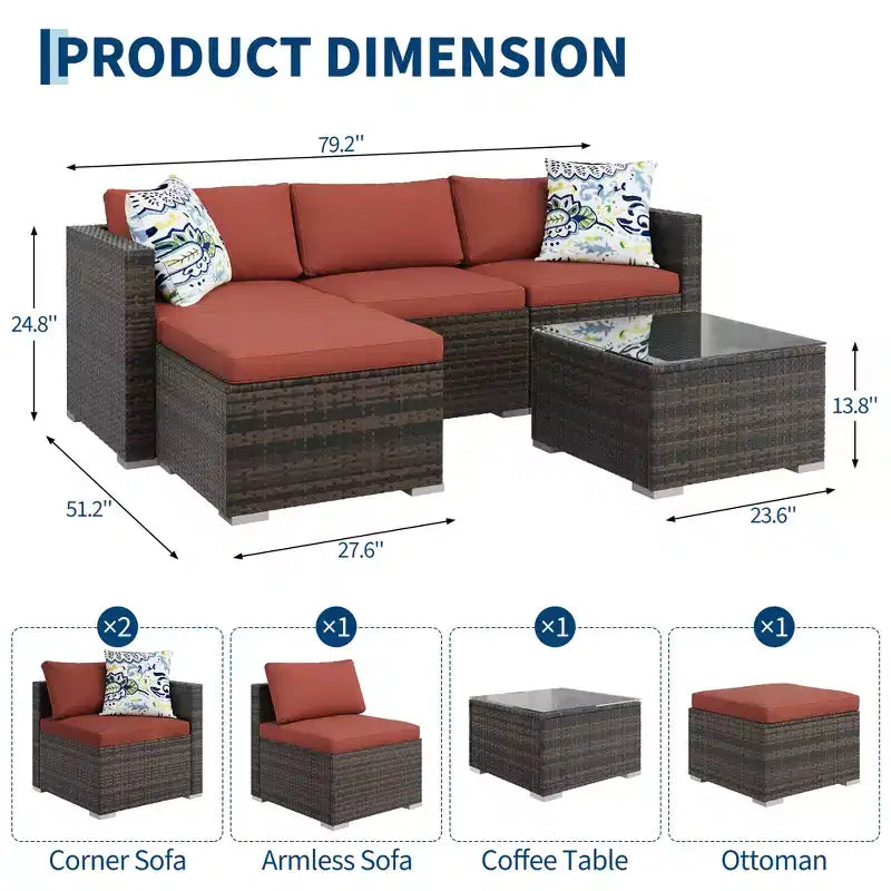 Ensemble de mobilier de patio 5 pièces COZONY, canapé sectionnel en rotin osier résistant aux intempéries avec coussins et table basse en verre pour jardin, véranda, balcon