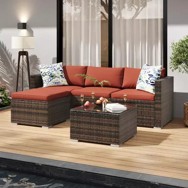 Ensemble de mobilier de patio 5 pièces COZONY, canapé sectionnel en rotin osier résistant aux intempéries avec coussins et table basse en verre pour jardin, véranda, balcon
