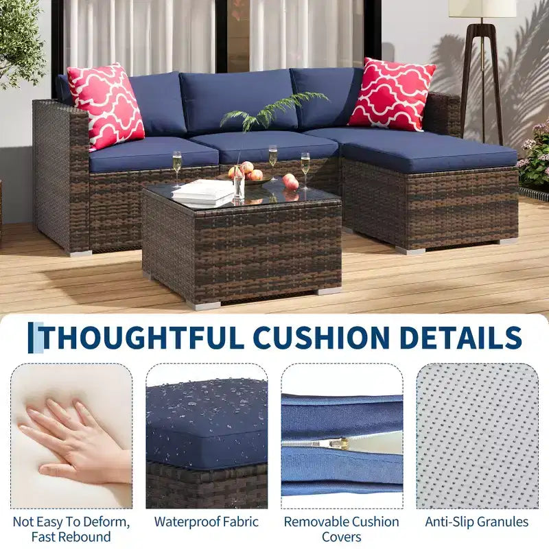 Ensemble de mobilier de patio 5 pièces COZONY, canapé sectionnel en rotin osier résistant aux intempéries avec coussins et table basse en verre pour jardin, véranda, balcon