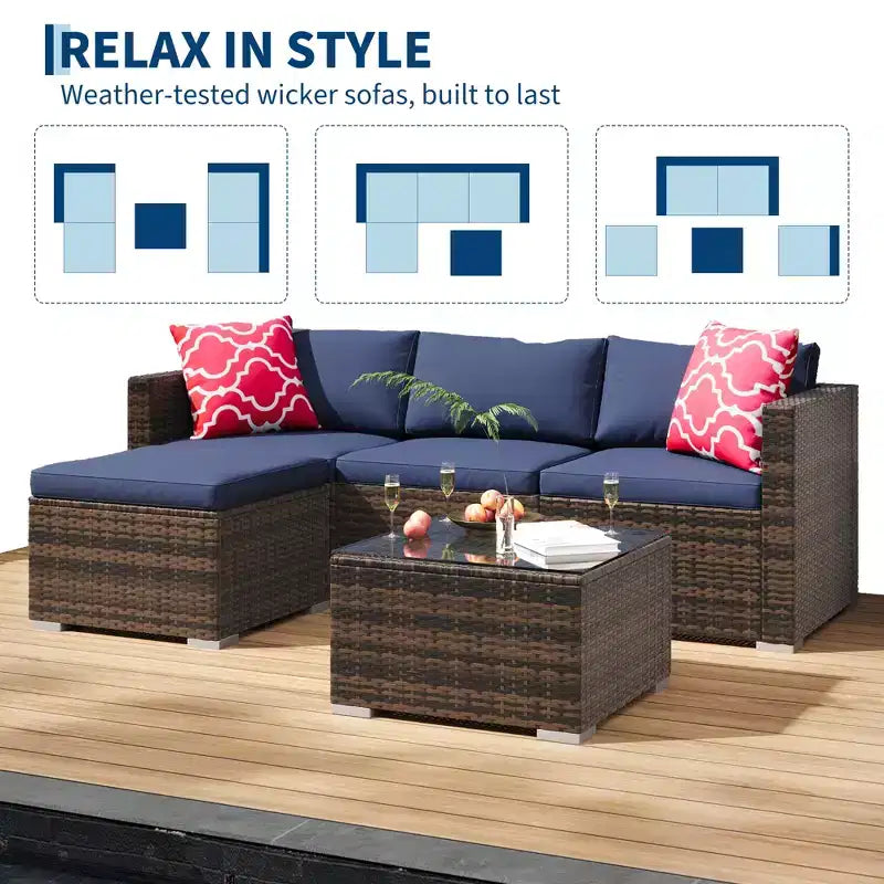Ensemble de mobilier de patio 5 pièces COZONY, canapé sectionnel en rotin osier résistant aux intempéries avec coussins et table basse en verre pour jardin, véranda, balcon