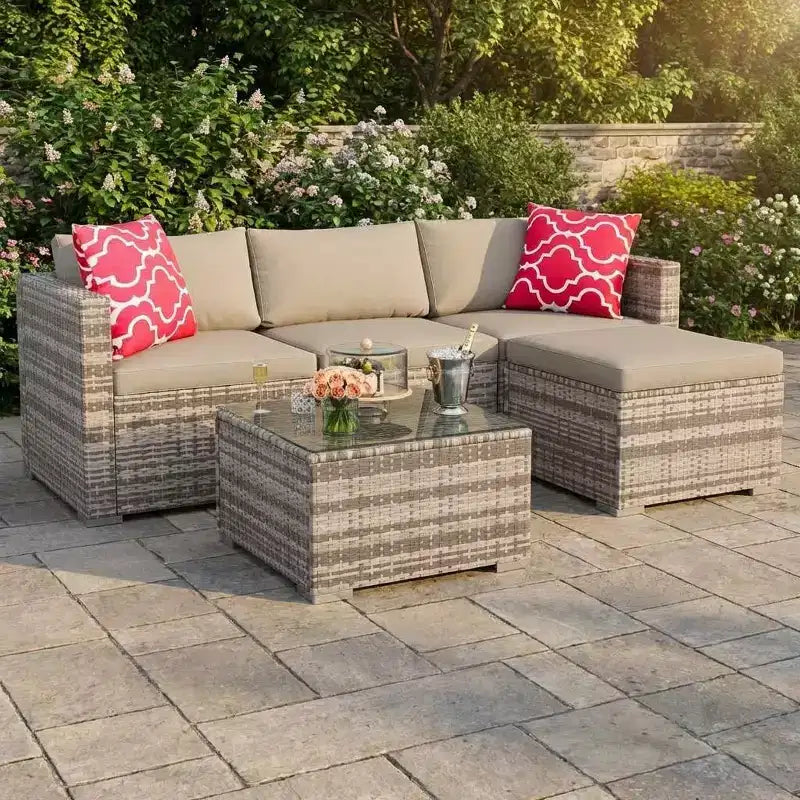 Ensemble de mobilier de patio 5 pièces COZONY, canapé sectionnel en rotin osier résistant aux intempéries avec coussins et table basse en verre pour jardin, véranda, balcon