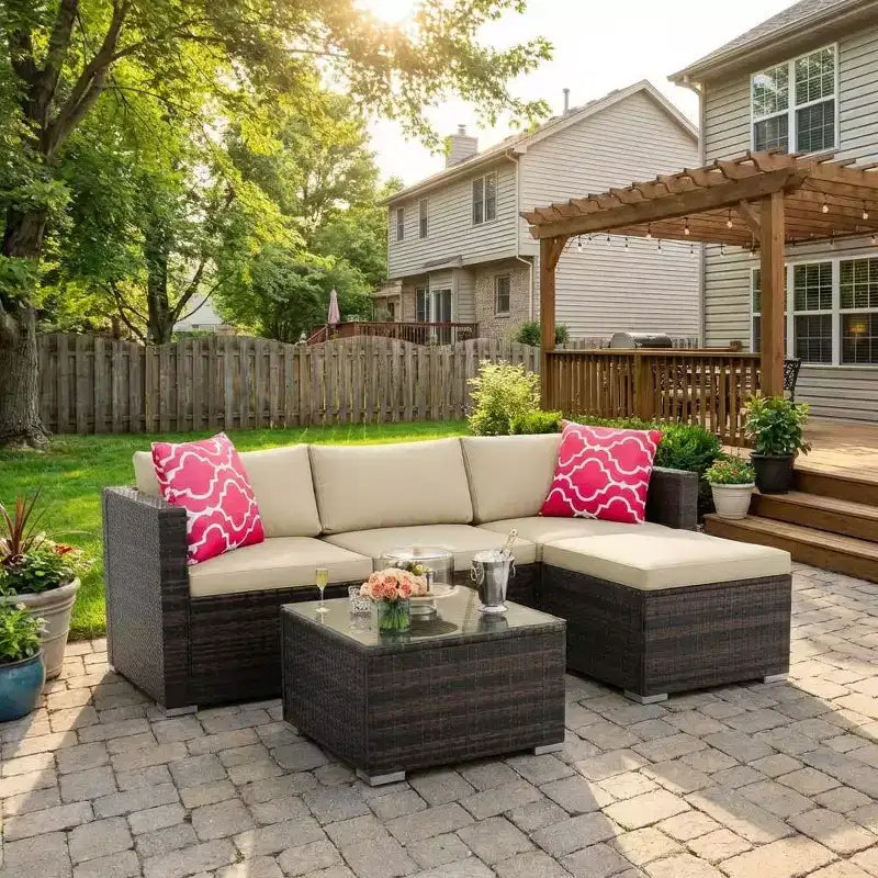 Ensemble de mobilier de patio 5 pièces COZONY, canapé sectionnel en rotin osier résistant aux intempéries avec coussins et table basse en verre pour jardin, véranda, balcon