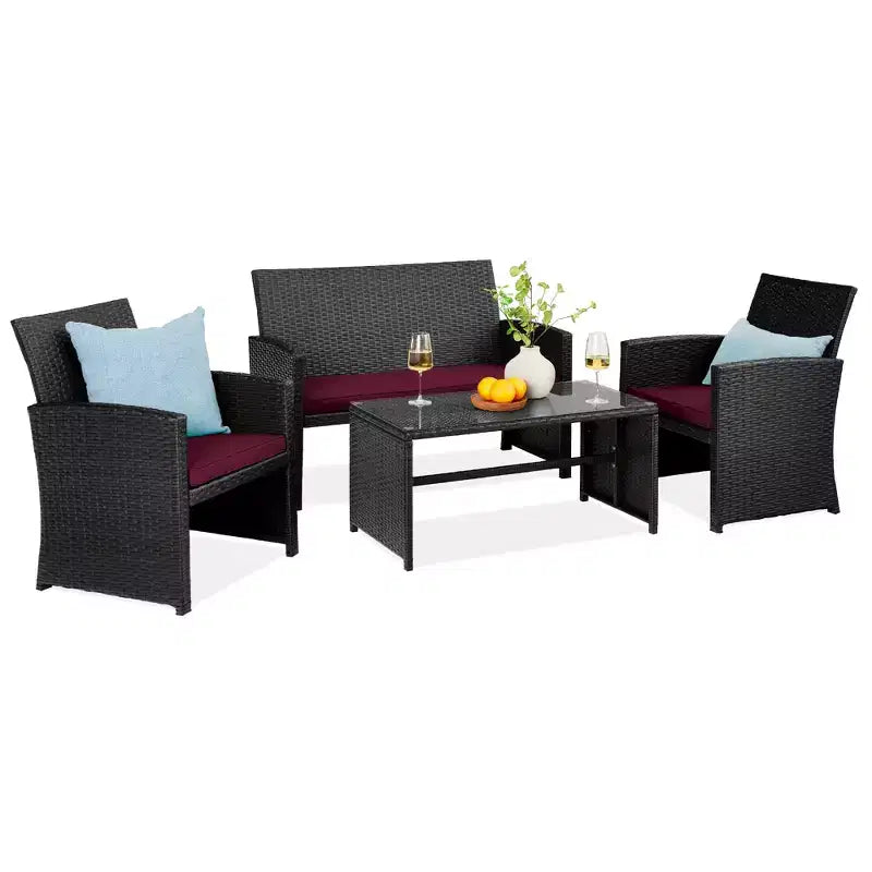 Ensemble de meubles de conversation de patio en osier d'extérieur 4 pièces Best Choice Products avec table et coussins