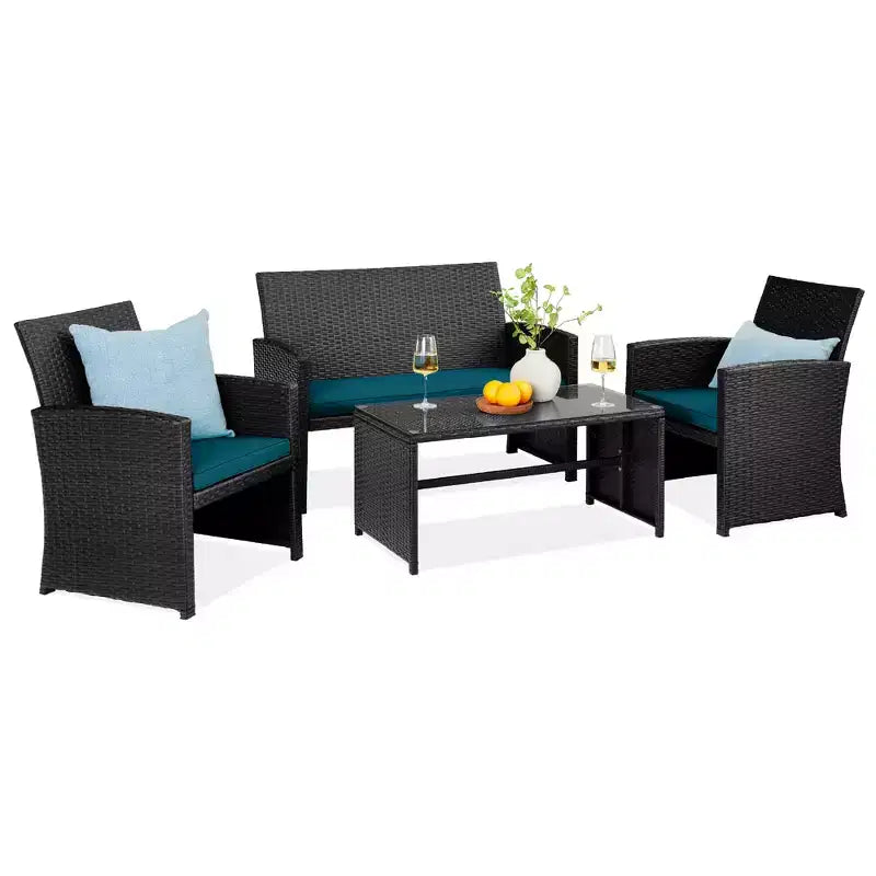 Ensemble de meubles de conversation de patio en osier d'extérieur 4 pièces Best Choice Products avec table et coussins