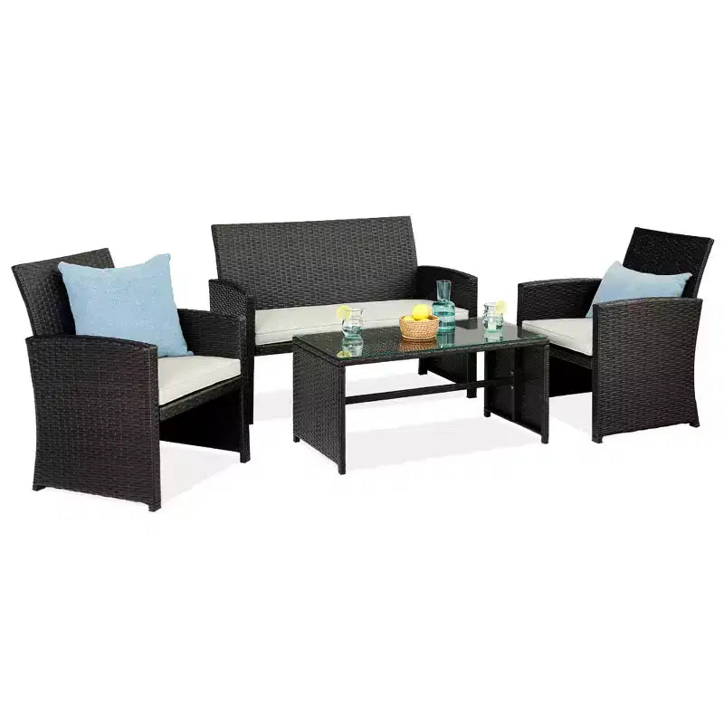 Ensemble de meubles de conversation de patio en osier d'extérieur 4 pièces Best Choice Products avec table et coussins