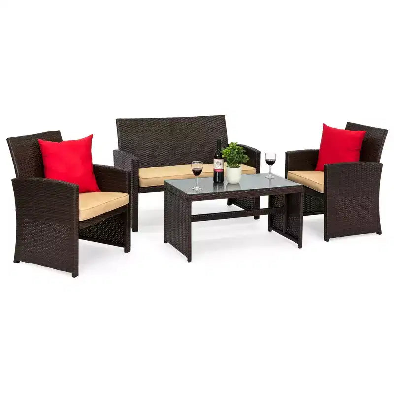 Ensemble de meubles de conversation de patio en osier d'extérieur 4 pièces Best Choice Products avec table et coussins