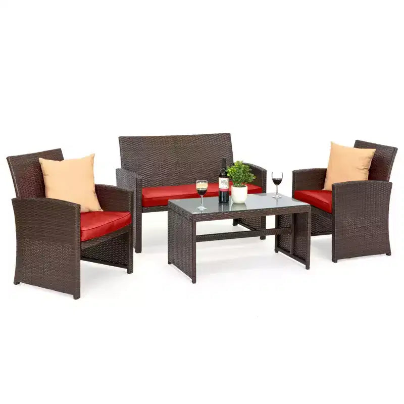 Ensemble de meubles de conversation de patio en osier d'extérieur 4 pièces Best Choice Products avec table et coussins