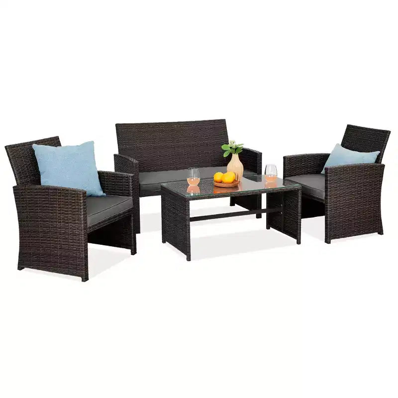 Ensemble de meubles de conversation de patio en osier d'extérieur 4 pièces Best Choice Products avec table et coussins