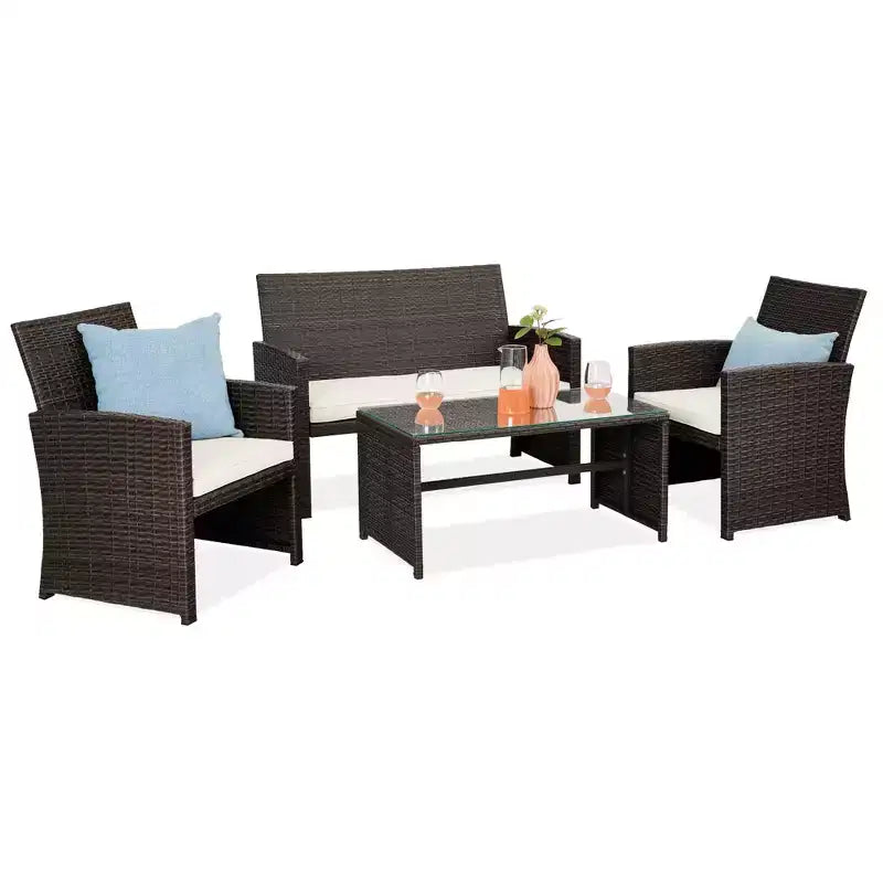 Ensemble de meubles de conversation de patio en osier d'extérieur 4 pièces Best Choice Products avec table et coussins