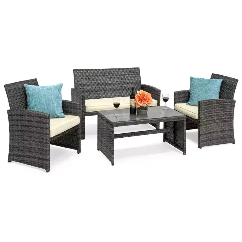 Ensemble de meubles de conversation de patio en osier d'extérieur 4 pièces Best Choice Products avec table et coussins