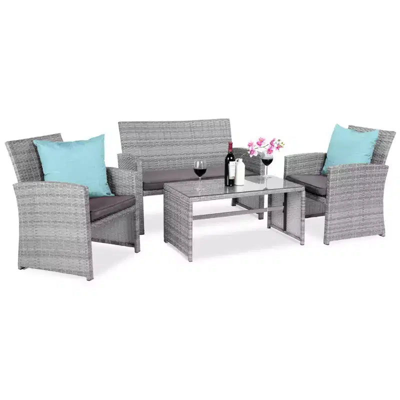 Ensemble de meubles de conversation de patio en osier d'extérieur 4 pièces Best Choice Products avec table et coussins