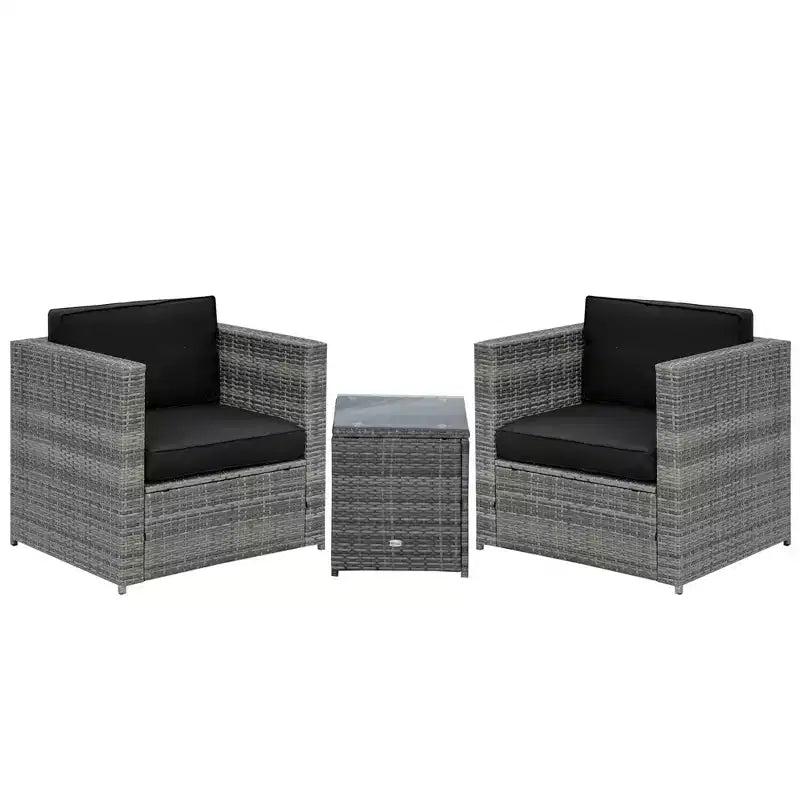 Outsunny Salon de Bistro 3 pièces en Rotin pour 2, Fauteuils de Jardin en Rotin, Coussins, Table Basse en Verre, Mobilier de Jardin ou Balcon