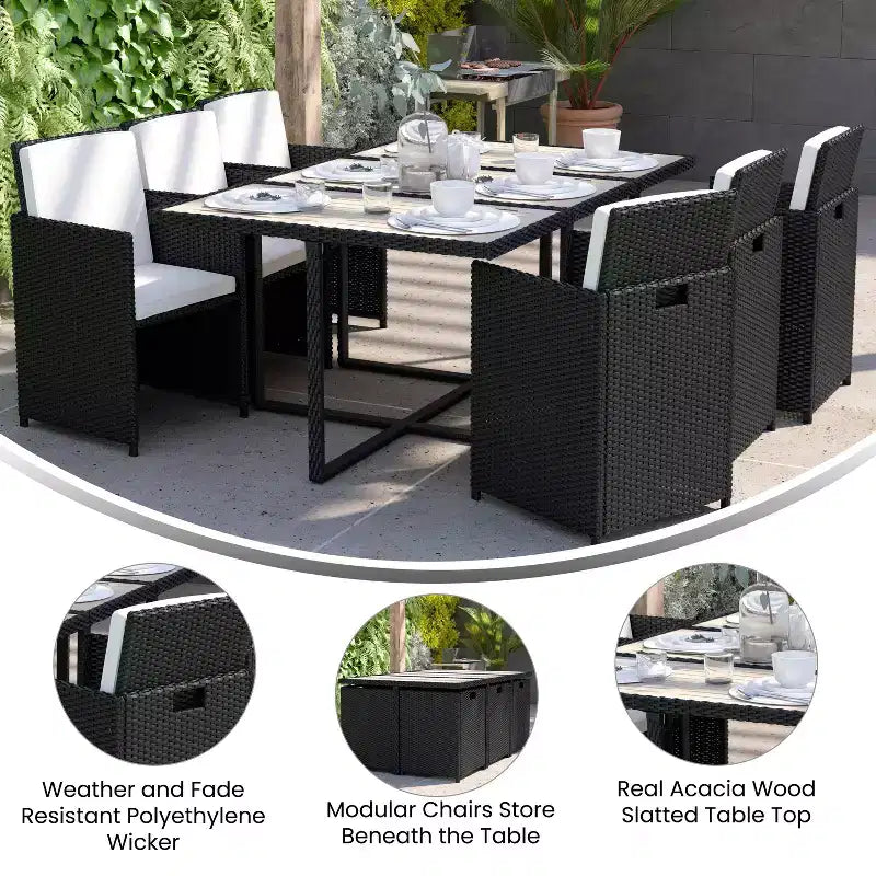 Flash Furniture Peregrine, ensemble de salle à manger d'extérieur 7 pièces, chaises modulaires en osier peu encombrantes, coussins et plateau de table en bois d'acacia