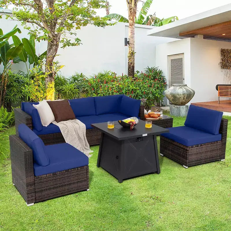 Costway Ensemble de Meubles de Jardin en Rotin 7 Pièces avec Housse de Table Foyer et Coussins Blanc Cassé/Noir/Bleu Marine/Rouge/Turquoise