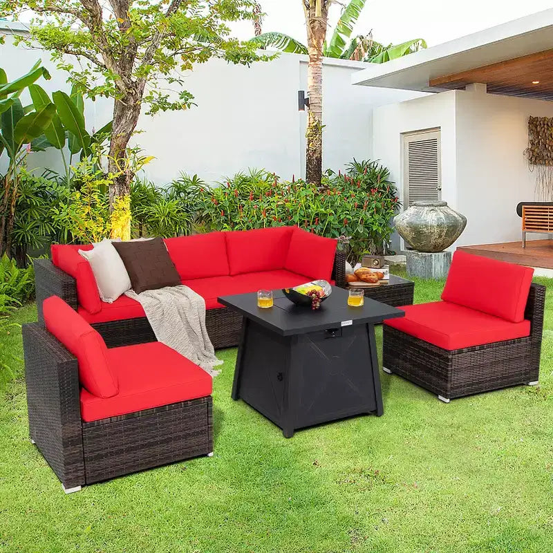 Costway Ensemble de Meubles de Jardin en Rotin 7 Pièces avec Housse de Table Foyer et Coussins Blanc Cassé/Noir/Bleu Marine/Rouge/Turquoise