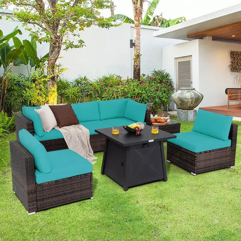 Costway Ensemble de Meubles de Jardin en Rotin 7 Pièces avec Housse de Table Foyer et Coussins Blanc Cassé/Noir/Bleu Marine/Rouge/Turquoise