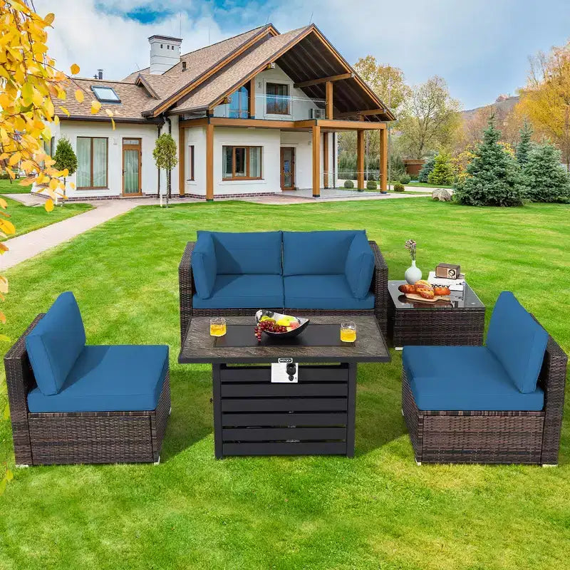Ensemble de meubles de patio en rotin Costway 6 pièces avec table de foyer de 107 cm et coussins de canapé blanc cassé/noir/bleu marine/rouge/turquoise