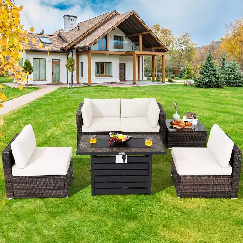 Ensemble de meubles de patio en rotin Costway 6 pièces avec table de foyer de 107 cm et coussins de canapé blanc cassé/noir/bleu marine/rouge/turquoise