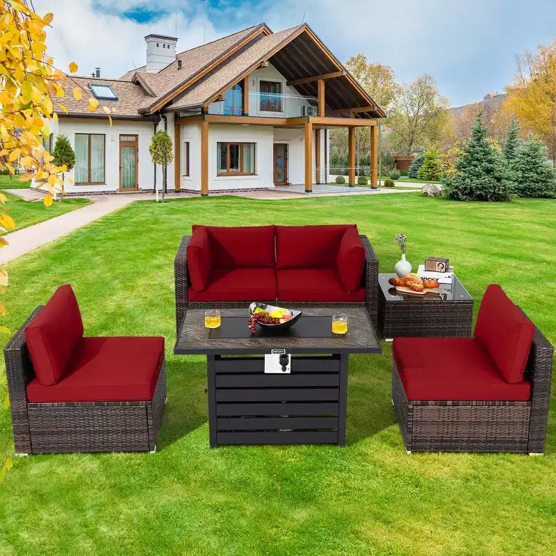 Ensemble de meubles de patio en rotin Costway 6 pièces avec table de foyer de 107 cm et coussins de canapé blanc cassé/noir/bleu marine/rouge/turquoise