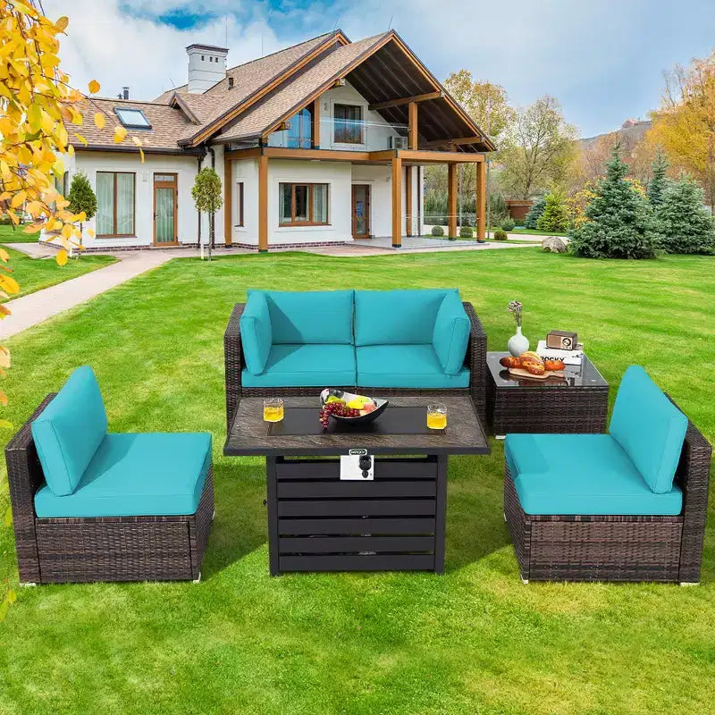 Ensemble de meubles de patio en rotin Costway 6 pièces avec table de foyer de 107 cm et coussins de canapé blanc cassé/noir/bleu marine/rouge/turquoise