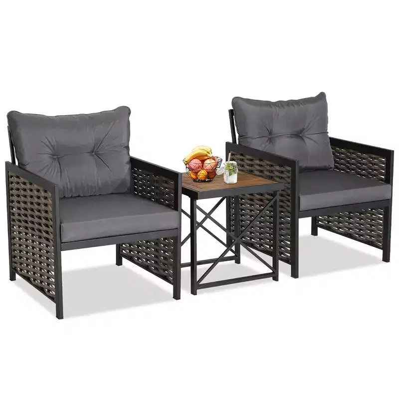 Costway Ensemble de Meubles de Jardin en Rotin 3 Pièces Table Basse en Bois d'Acacia et 2 Chaises pour Jardin/Patio
