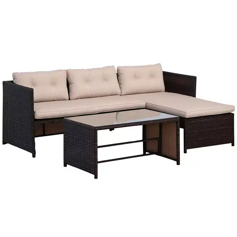 Outsunny Salon de Jardin 3 Pièces en Rotin, Ensemble Canapé d'Extérieur avec Méridienne et Causeuse, Coussins Moelleux, Table, Canapé d'Angle en Forme de L
