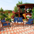 Costway 4PCS Patio Rattan Furniture Set Acacia Wood Frame Cushioned Sofa Chair