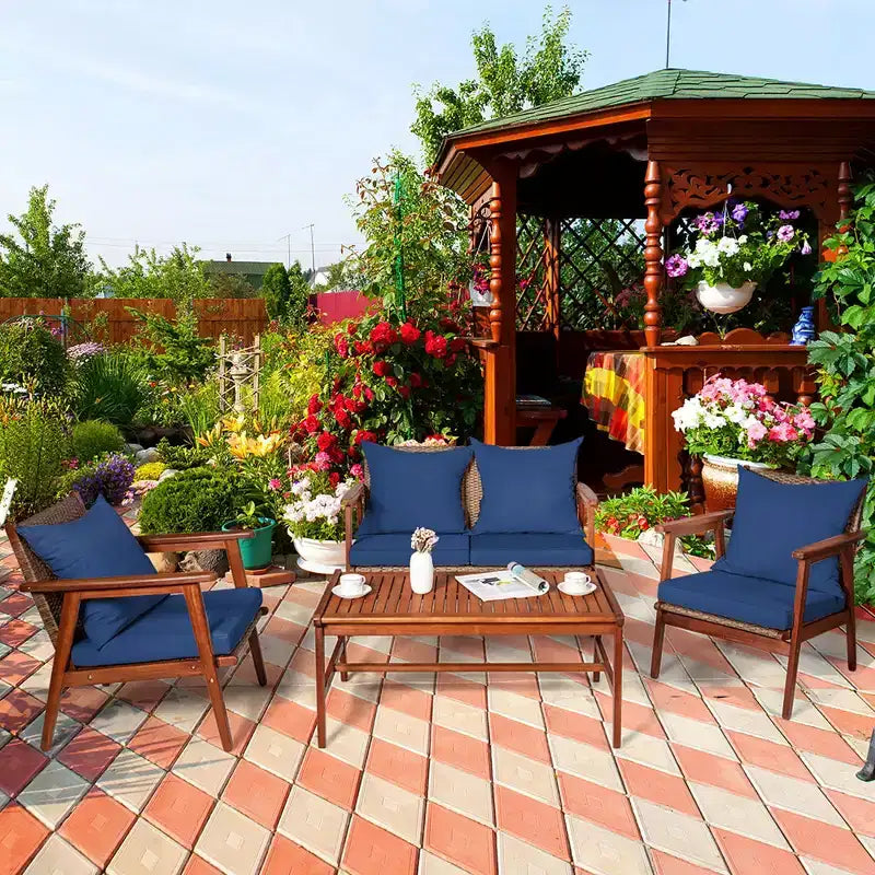 Costway 4PCS Patio Rattan Furniture Set Acacia Wood Frame Cushioned Sofa Chair