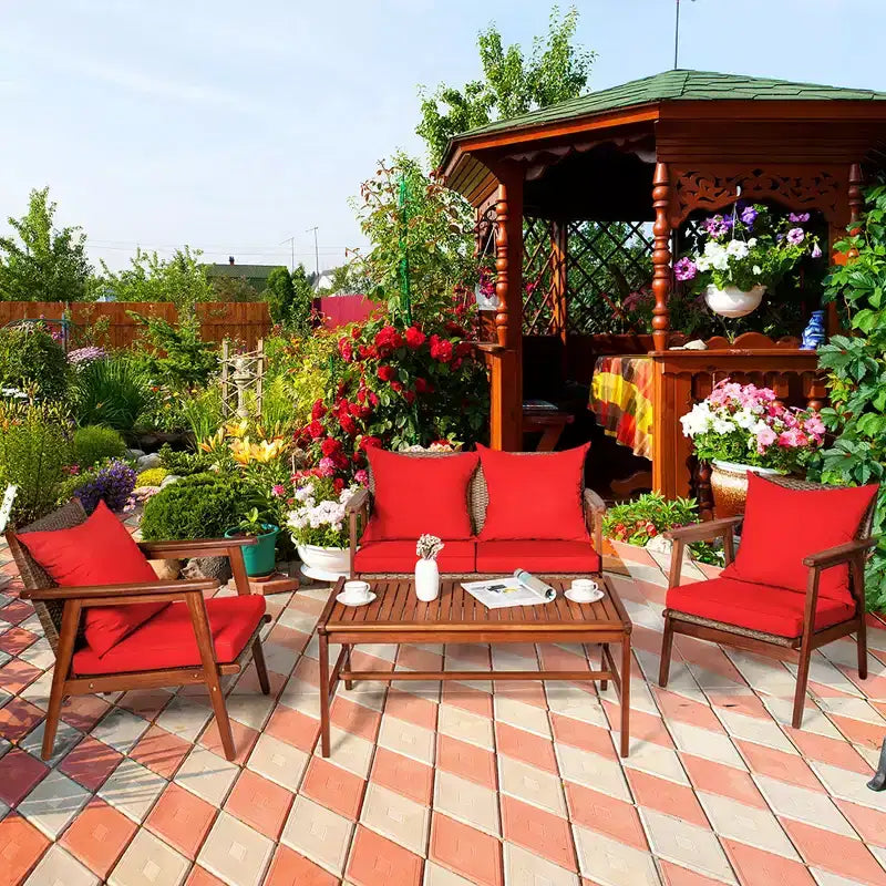 Costway Ensemble de Meubles de Jardin en Rotin 4 Pièces, Cadre en Bois d'Acacia, Canapé et Chaises Rembourrés