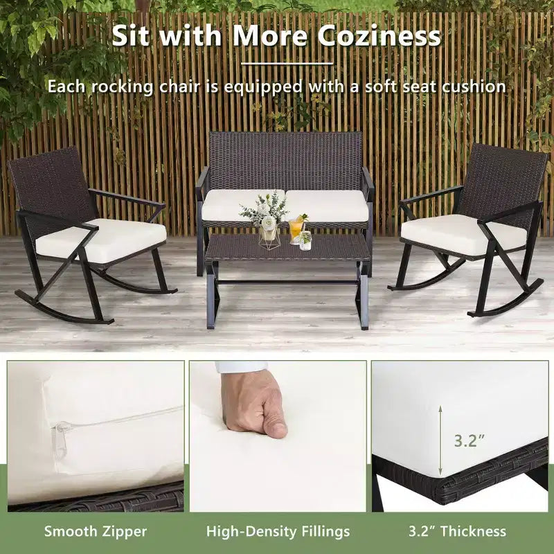 Costway Ensemble de 4 fauteuils à bascule, causeuse et table en rotin pour patio avec coussins