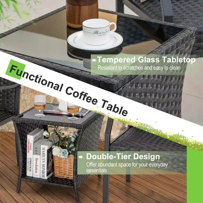 Costway Ensemble de conversation 3 pièces pour patio, chaises en osier, table en verre trempé, sièges rembourrés en mousse à séchage rapide, toutes saisons
