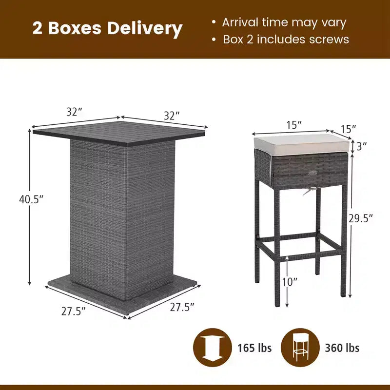 Ensemble table de bar et 4 tabourets d'extérieur en osier Costway avec étagères de rangement cachées