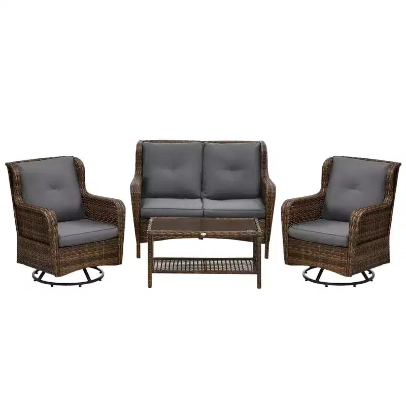 Ensemble de mobilier de patio Outsunny, mobilier d'extérieur 4 pièces en rotin PE avec 2 fauteuils pivotants, table en verre à 2 niveaux et canapé deux places