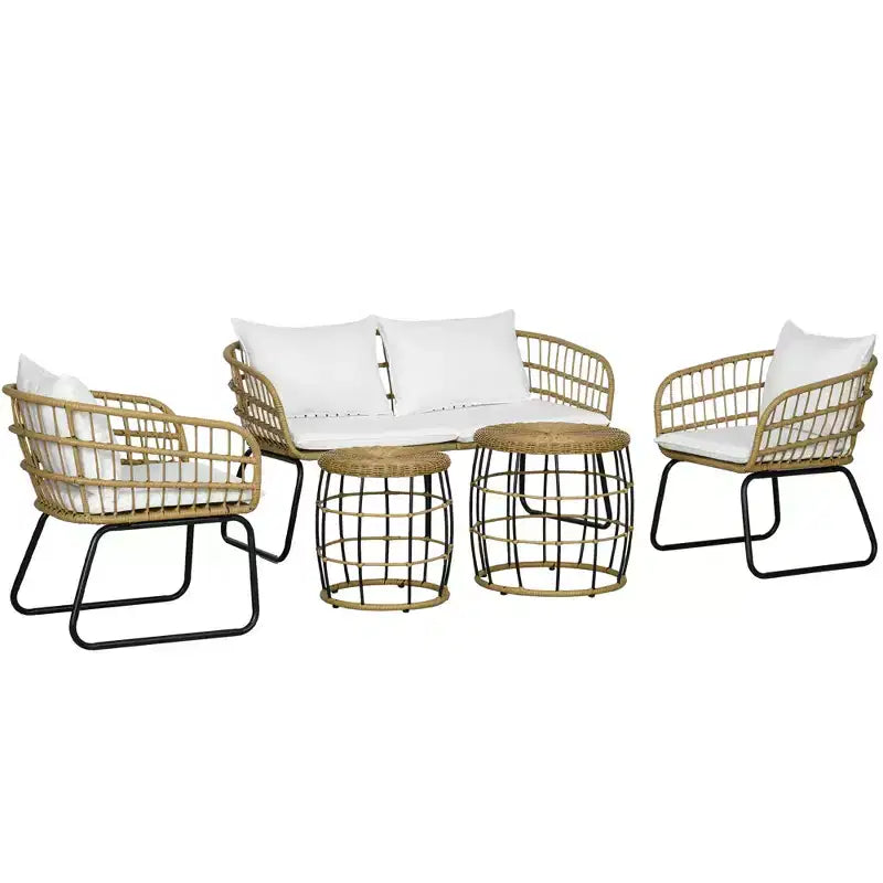 Outsunny Ensemble de mobilier d'extérieur 5 pièces en rotin PE avec chaises rembourrées, canapé deux places et tables basses empilables